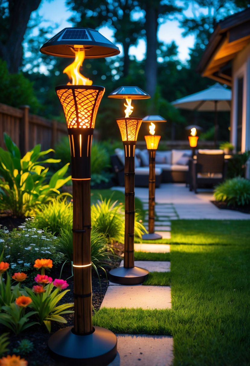 A backyard garden pathway lined with tiki torch solar lights glowing warmly at dusk, surrounded by plants and flowers.