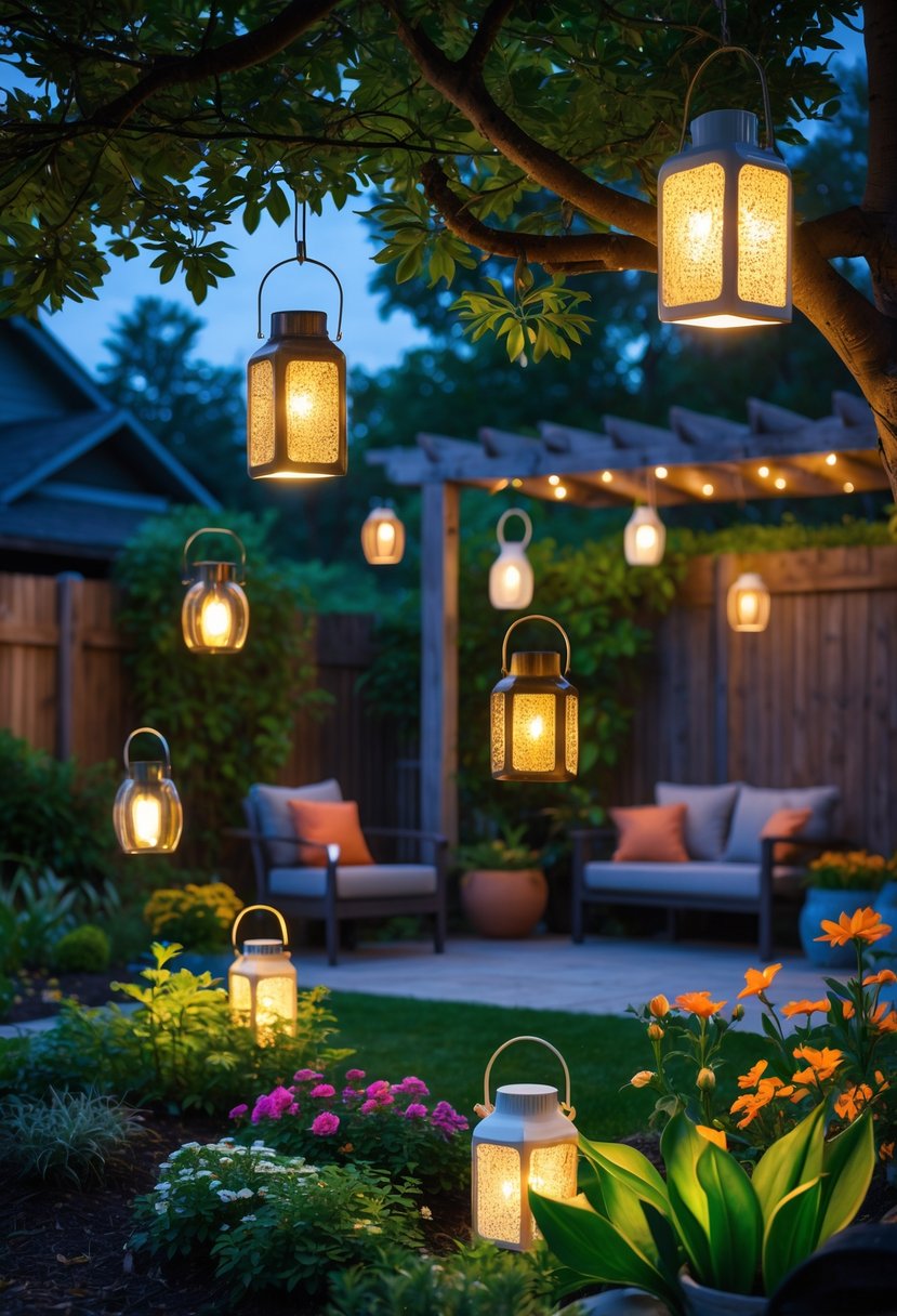 A backyard at dusk with solar-powered hanging lanterns glowing softly among trees and plants.
