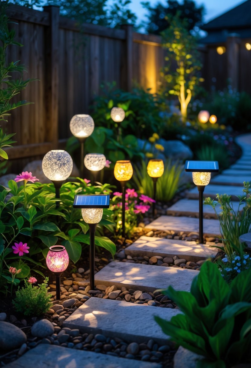 A garden at twilight illuminated by various decorative solar lights placed among plants and flowers, creating a warm and inviting outdoor atmosphere.