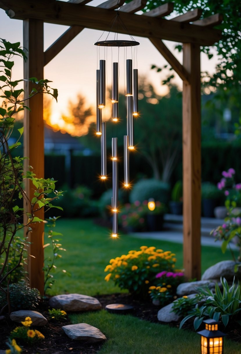 Solar-powered wind chimes glowing softly in a garden at dusk surrounded by plants and flowers.