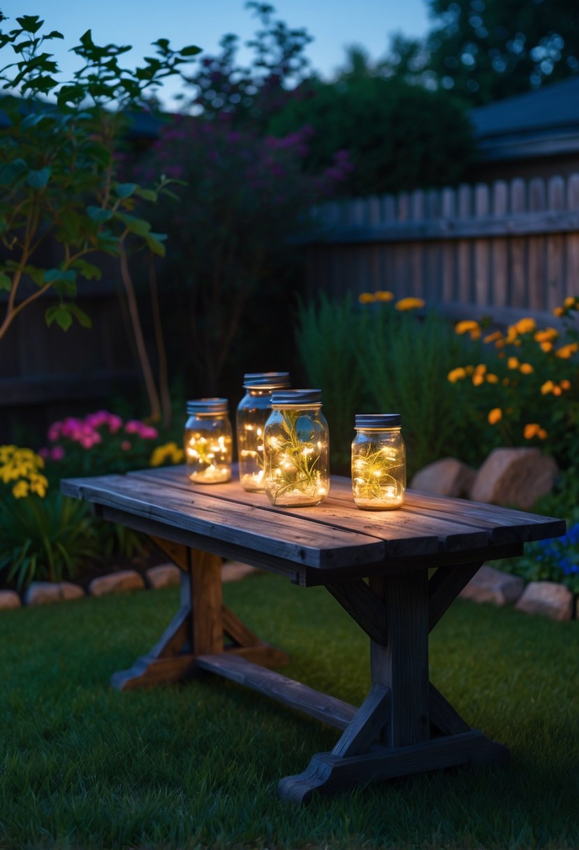 Mason jars with glowing solar lights arranged on a wooden table in a garden at twilight.