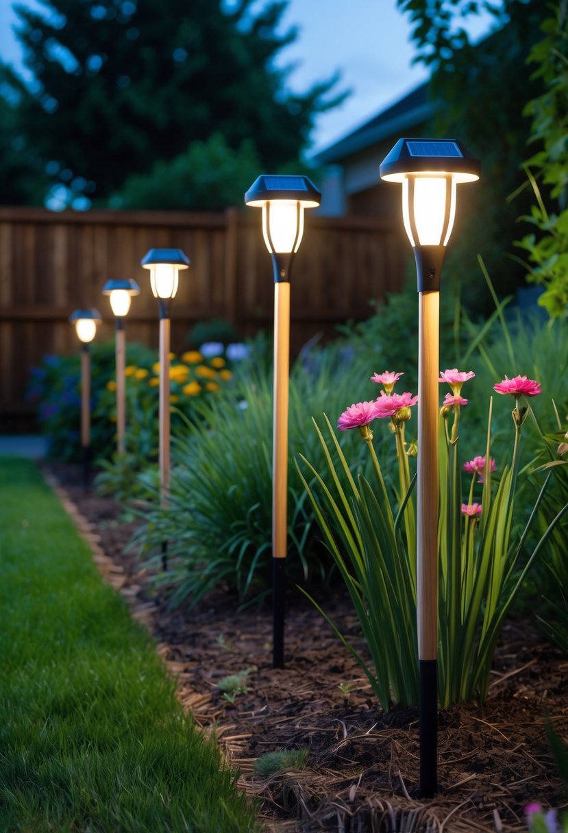 A backyard garden with tall solar lights mounted on broomsticks lining a garden path at dusk.