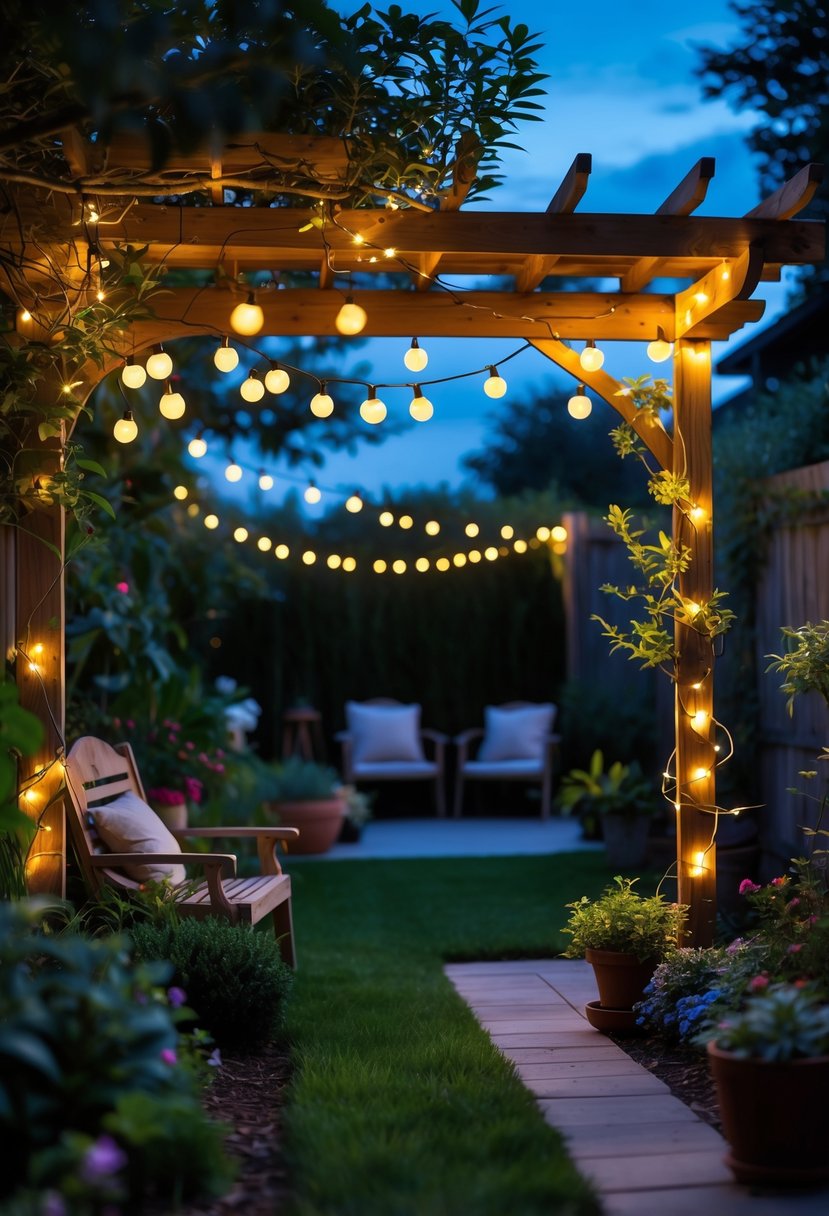 Mini solar string lights glowing warmly in a backyard garden with trees, plants, and outdoor furniture at dusk.