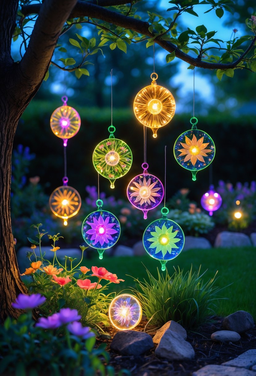 A garden at twilight with colorful solar light suncatchers hanging from trees and placed among plants, glowing softly to brighten the yard.