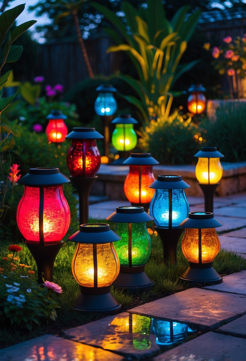 A group of solar lanterns with colored glass glowing warmly in a garden at twilight.