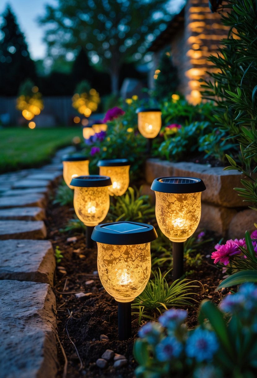 An outdoor garden at dusk with solar light candle holders glowing warmly along a stone pathway surrounded by plants and flowers.
