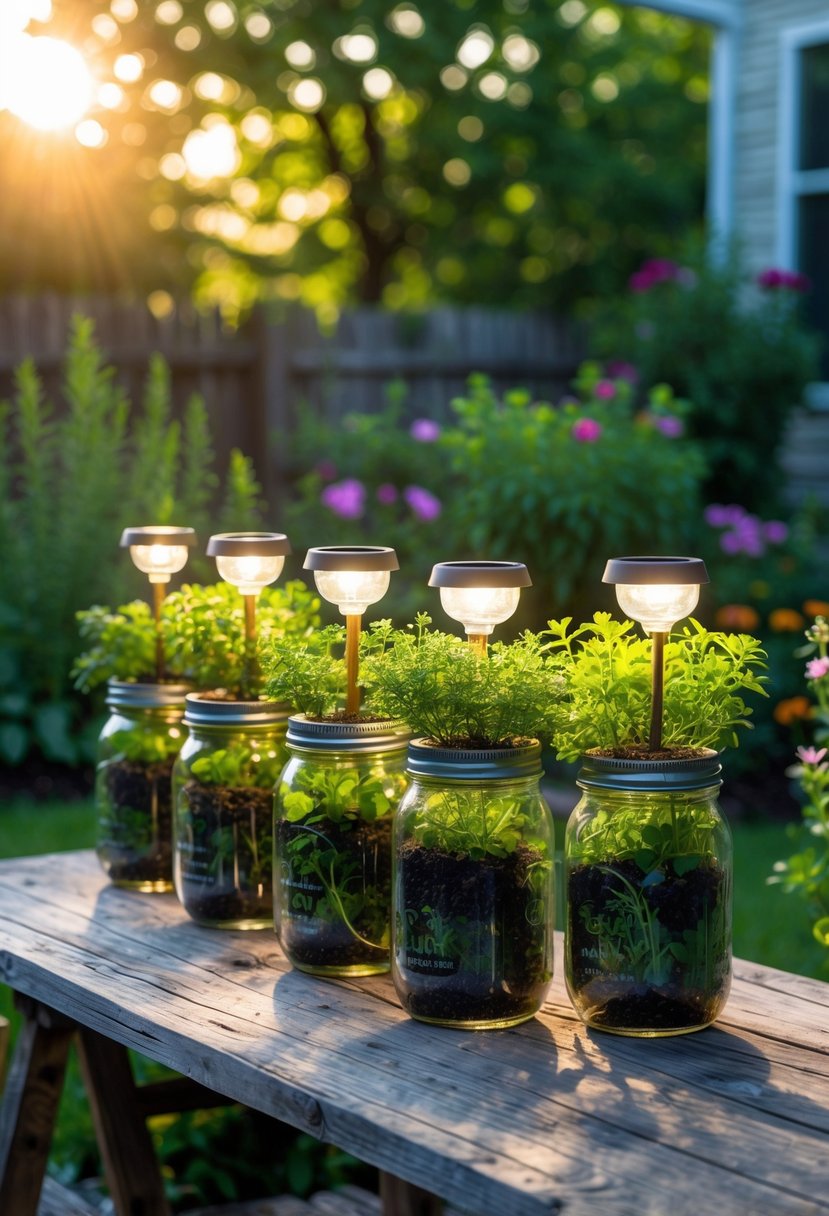 A backyard herb garden with mason jars containing green herbs and solar lights glowing softly on a wooden table surrounded by plants.