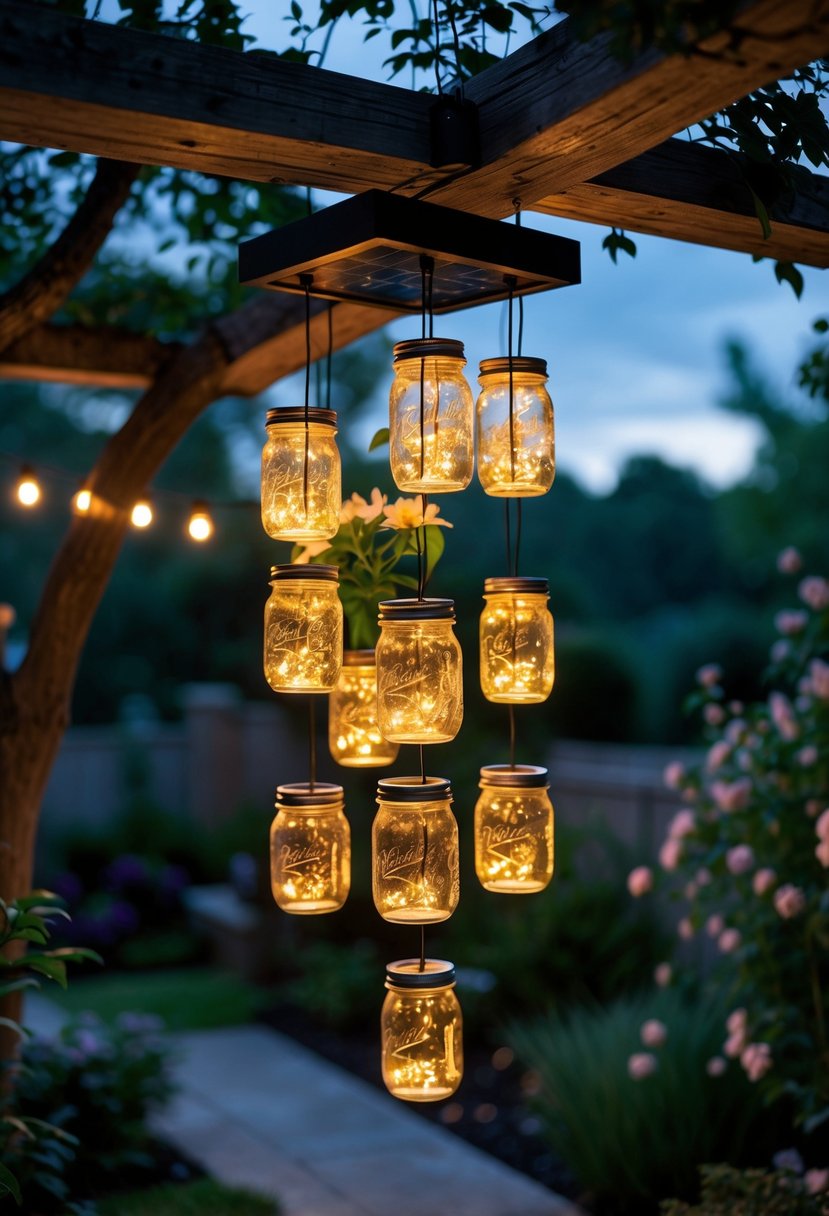 A hanging mason jar chandelier with glowing solar lights illuminating a garden backyard at dusk.