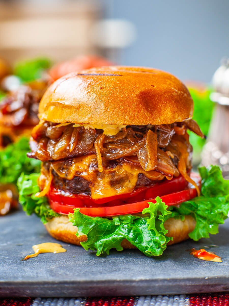 Grilled Smoky Burgers with Caramelized Onions