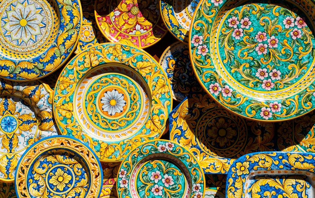 multicolored floral plates