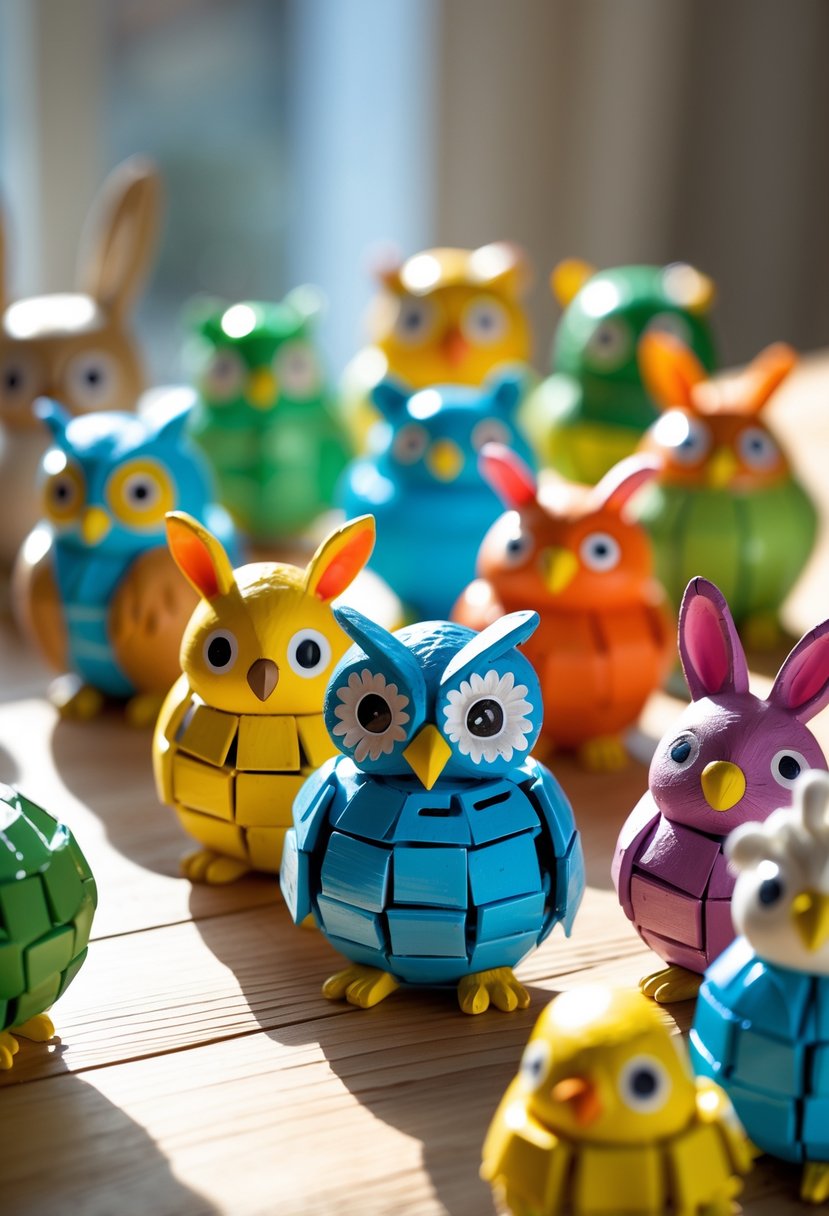 A collection of colorful animal figurines made from recycled egg trays arranged on a wooden table.