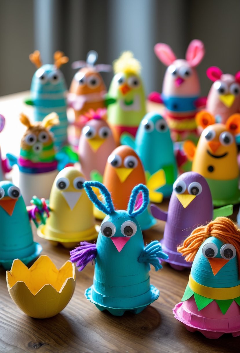A collection of 15 colorful puppets made from egg trays, arranged on a wooden table.
