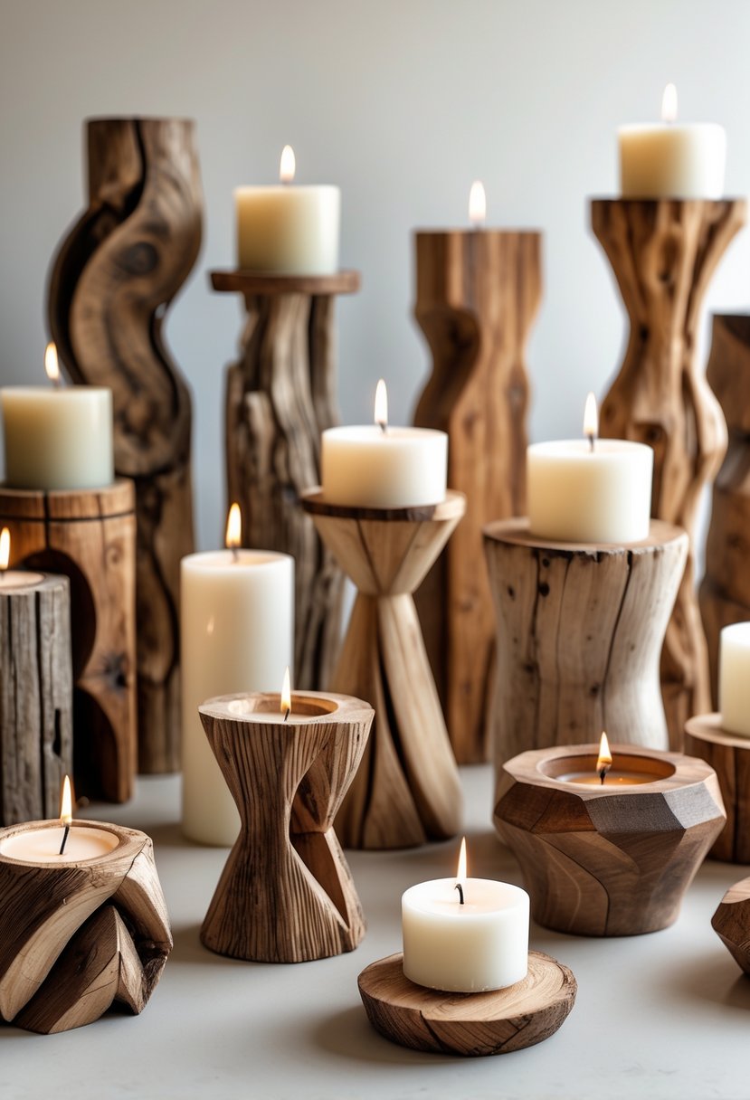 A collection of 15 decorative candle holders made from reclaimed wood, arranged on a neutral surface with lit candles.
