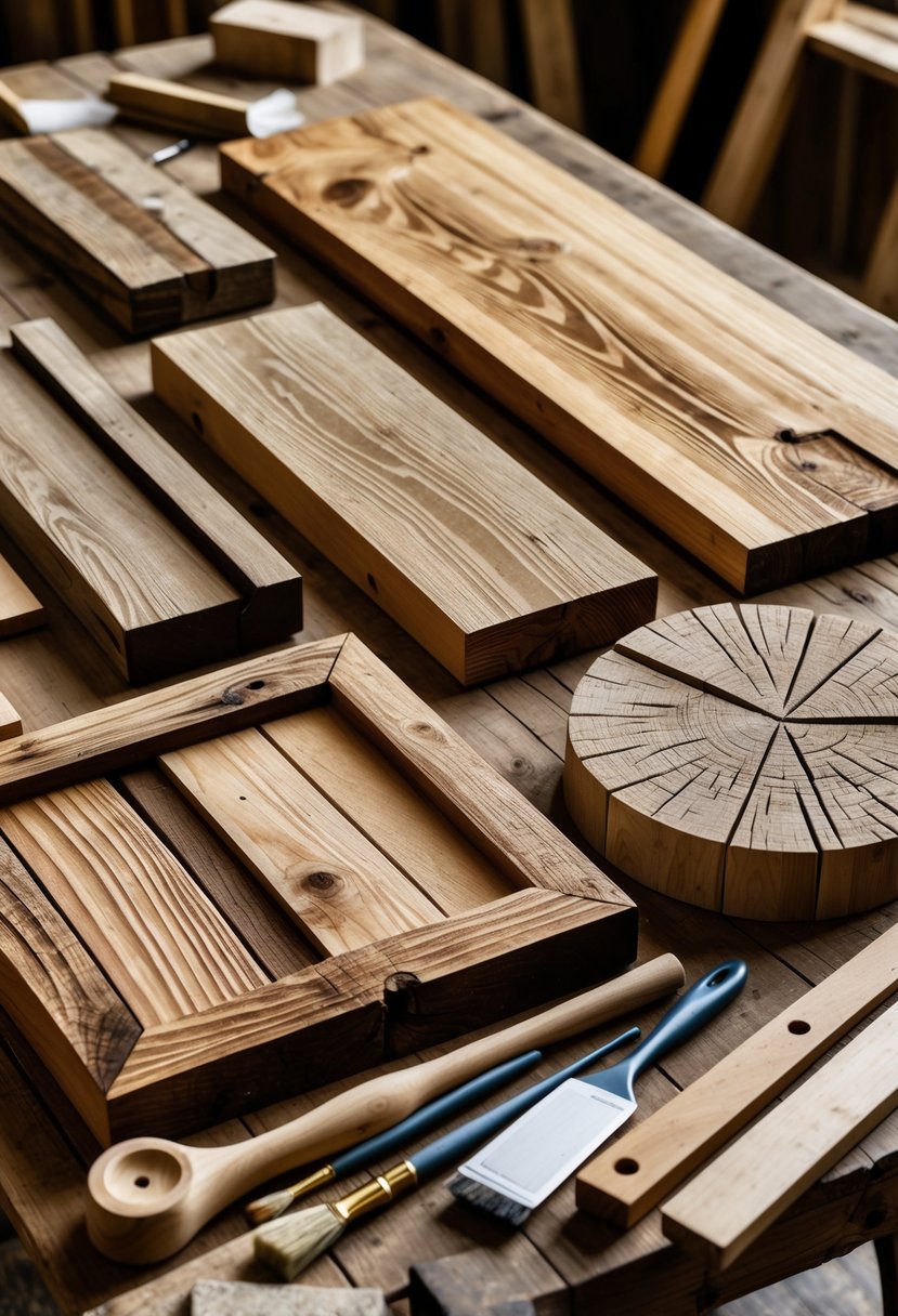 A collection of handcrafted wooden signs made from reclaimed wood arranged on a rustic table with woodworking tools nearby.