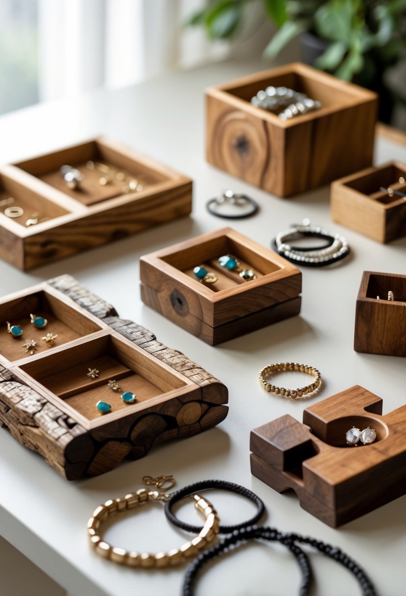A collection of small wooden jewelry organizers holding various pieces of jewelry on a light surface.