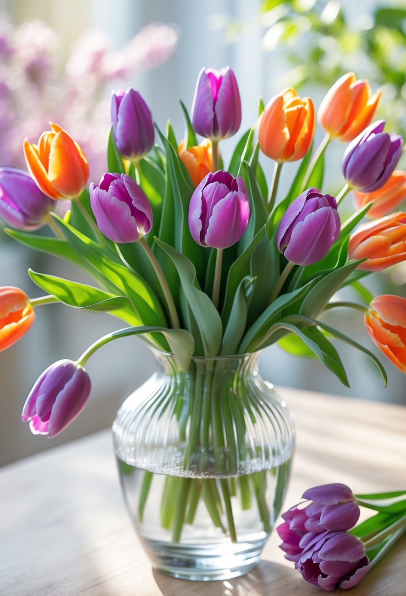 A colorful bouquet of bright purple and orange tulips in a clear vase on a wooden table with a blurred green background.