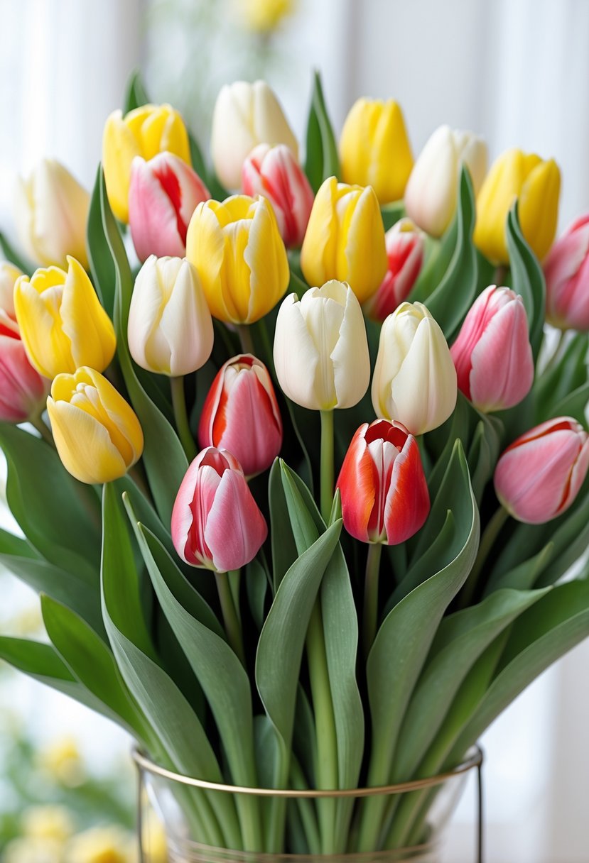A close-up of a tightly arranged bouquet of colorful tulips with green leaves.