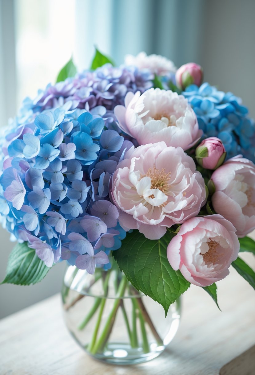 A clear glass vase holding a spring flower arrangement of blue and purple hydrangeas mixed with soft pink peonies on a light wooden surface.