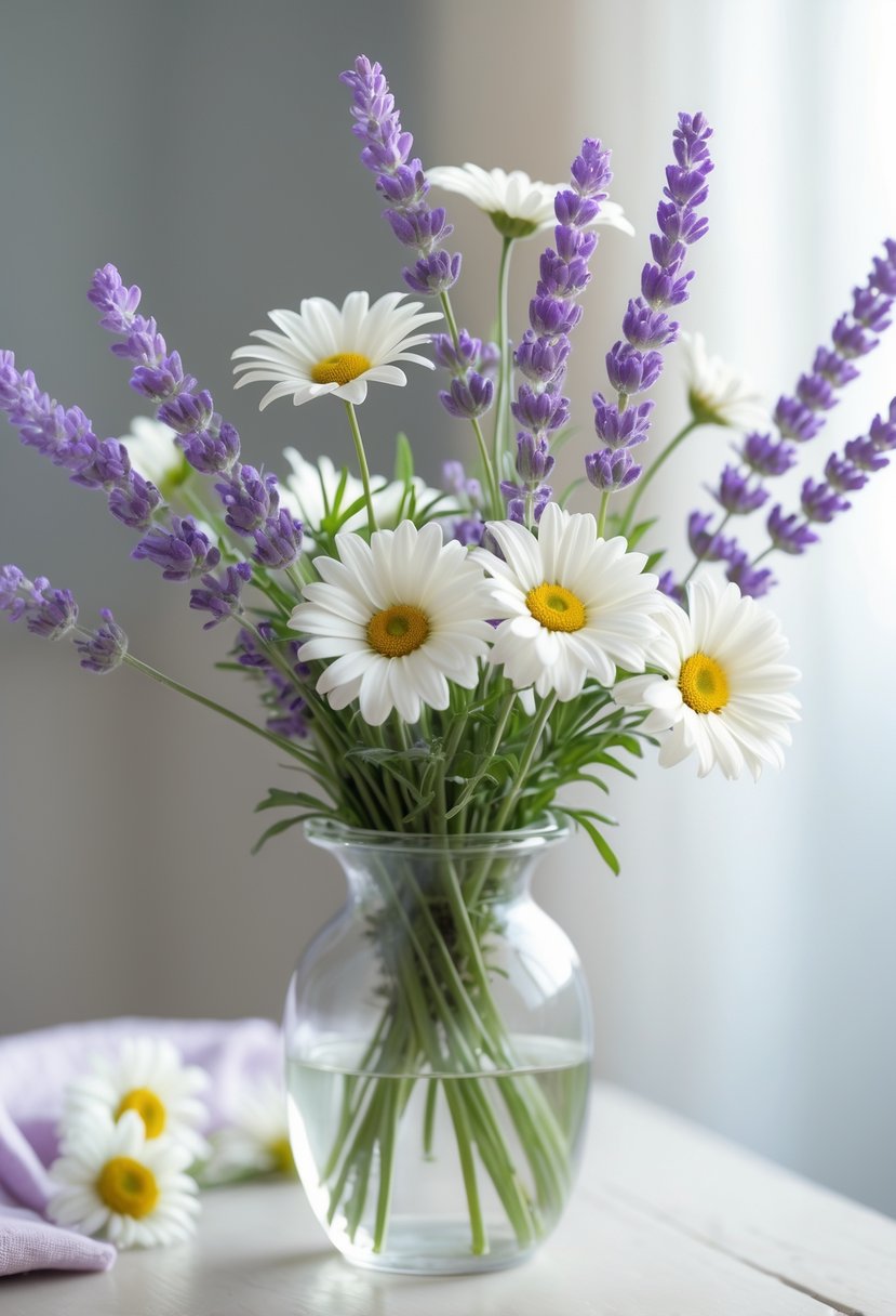 A clear glass vase holding white daisies and purple lavender on a light wooden surface with a soft blurred background.