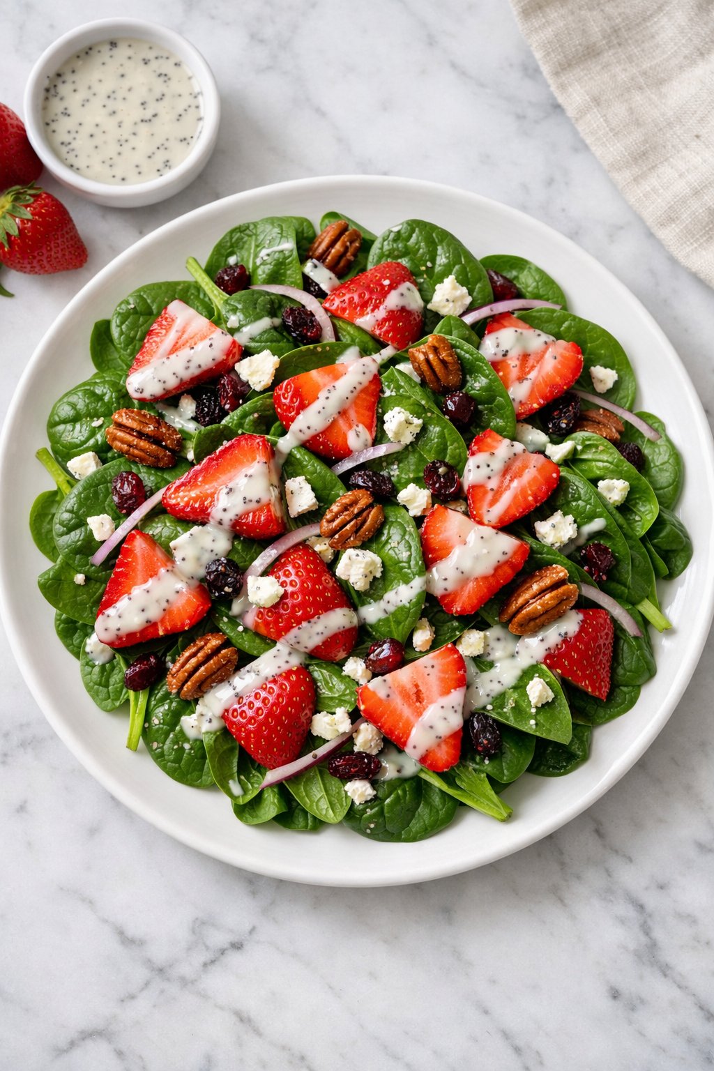 A plate of delicious freshly made Strawberry Spinach Salad with Poppy Seed Dressing sitting on a marble countertop, overhead photo style, iphone photo quality