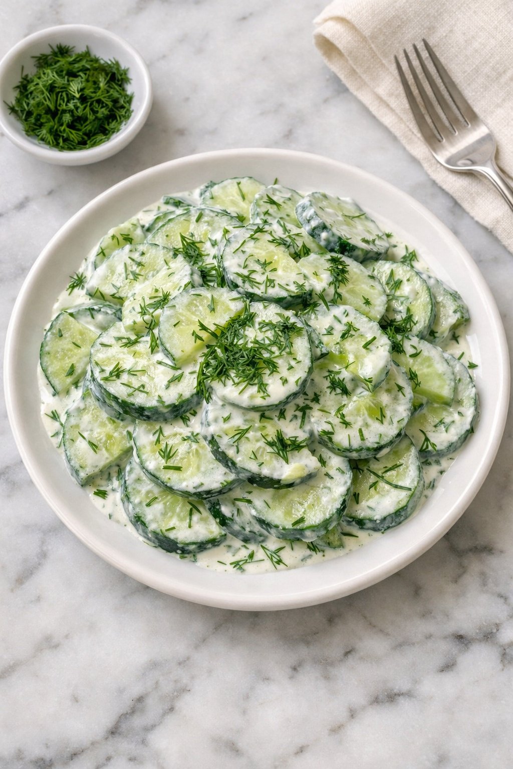 A plate of delicious freshly made Creamy Cucumber and Dill Salad sitting on a marble countertop, overhead photo style, iphone photo quality
