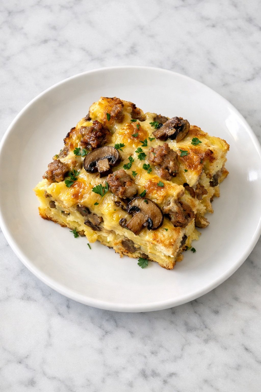 A plate of delicious freshly made Overnight Breakfast Strata with Sausage and Mushrooms sitting on a marble countertop, overhead photo style, iphone photo quality