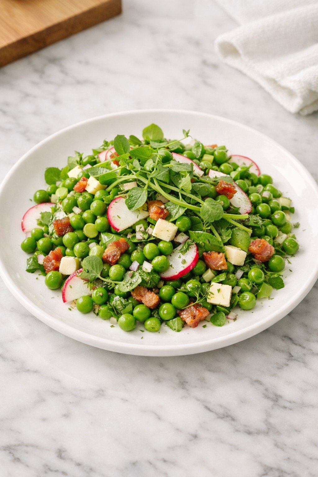 An overheard picture view of a plate of Classic Spring Pea Salad sitting on a marble countertop table in the kitchen, martha stewart food photography style.