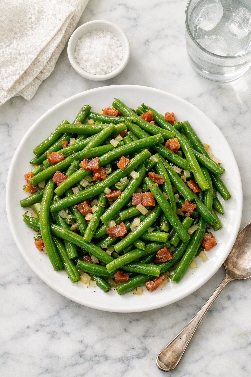 An overheard picture view of a plate of Southern Style Green Beans sitting on a marble countertop table in the kitchen, martha stewart food photography style.