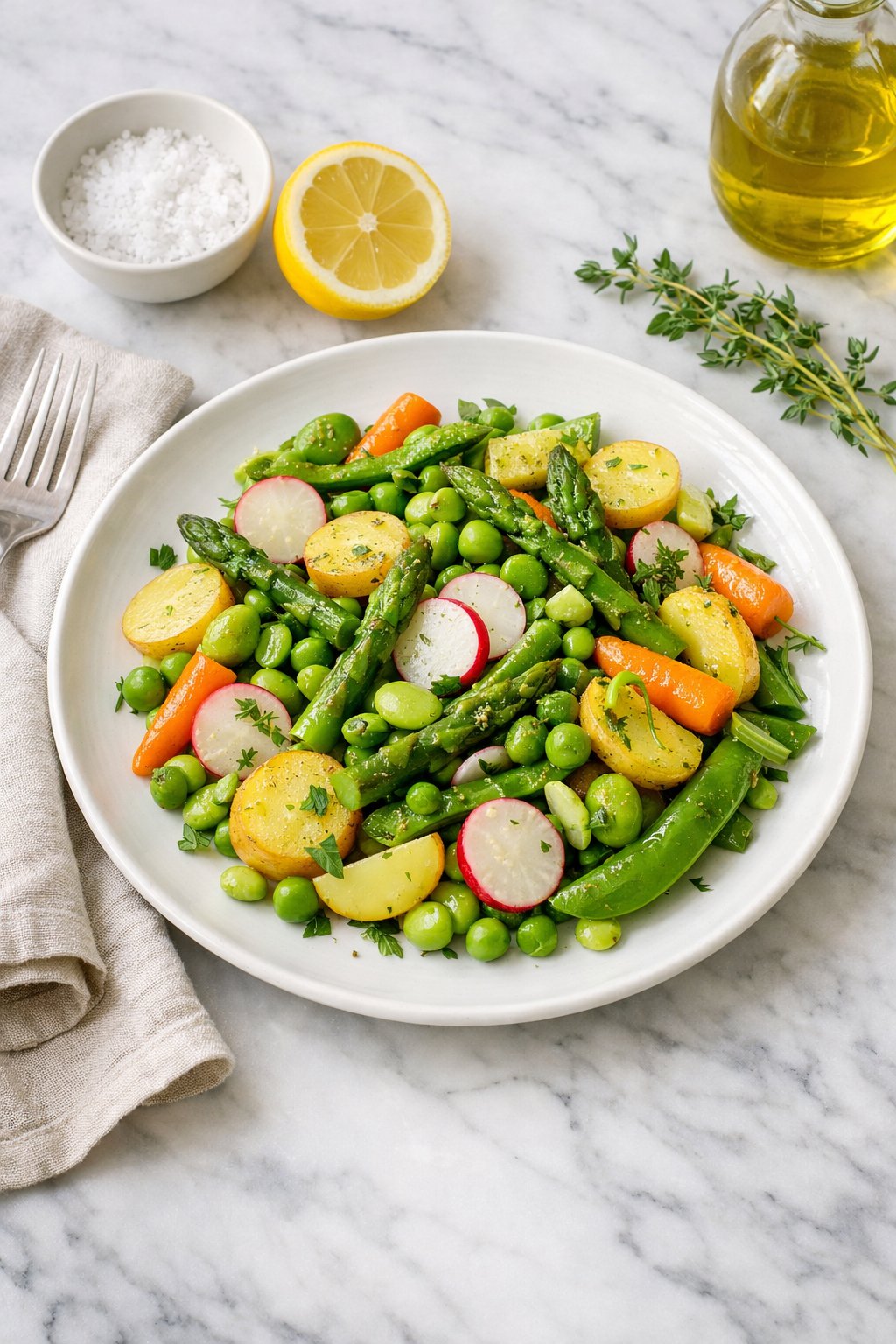 An overheard picture view of a plate of Spring Vegetable Medley sitting on a marble countertop table in the kitchen, martha stewart food photography style.