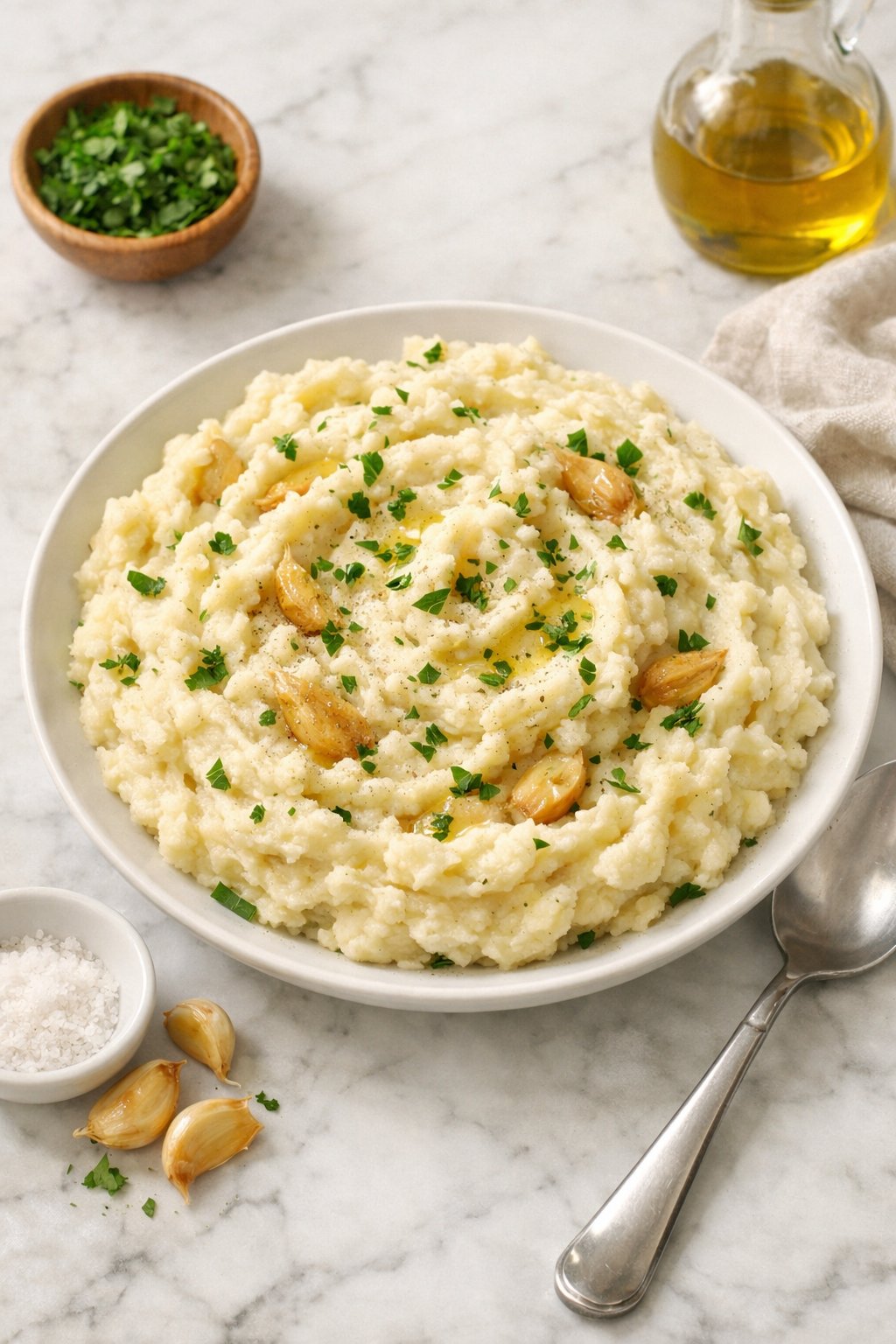 An overheard picture view of a plate of Roasted Garlic Mashed Potatoes sitting on a marble countertop table in the kitchen, martha stewart food photography style.