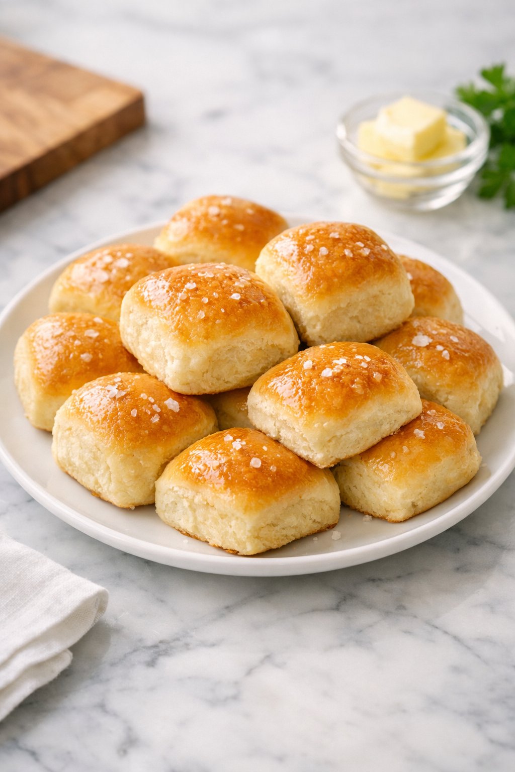 An overheard picture view of a plate of Buttery Dinner Rolls sitting on a marble countertop table in the kitchen, martha stewart food photography style.