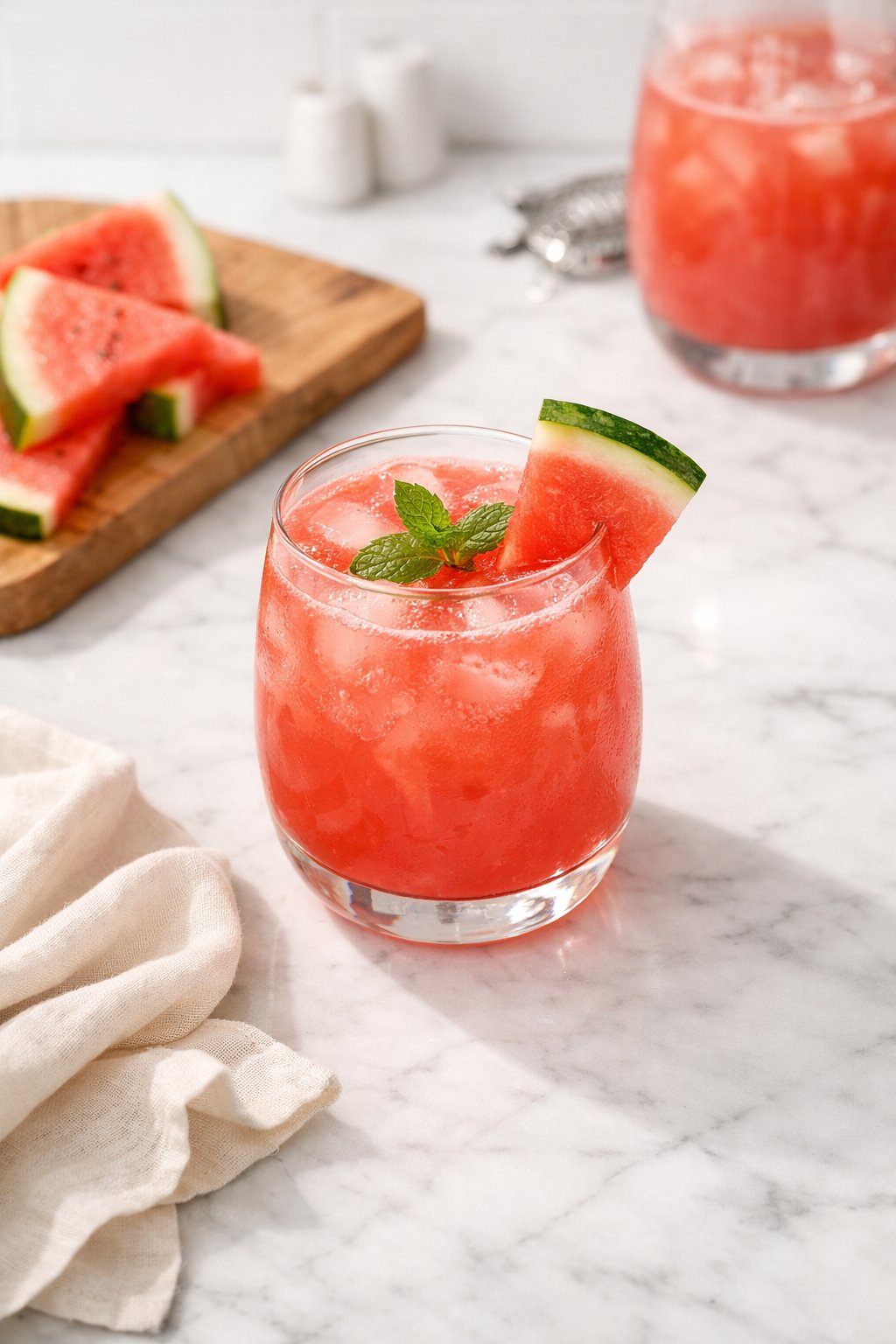 An overheard picture view of a plate of Watermelon Agua Fresca sitting on a marble countertop table in the kitchen, martha stewart food photography style.
