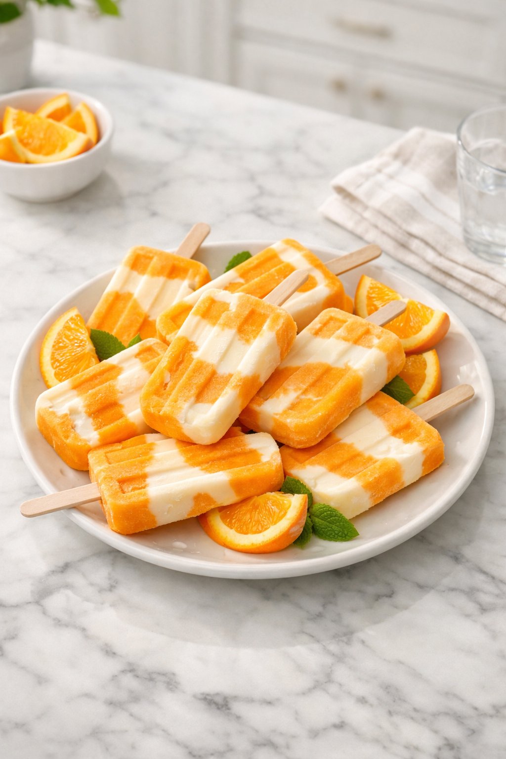 An overheard picture view of a plate of Orange Creamsicle sitting on a marble countertop table in the kitchen, martha stewart food photography style.