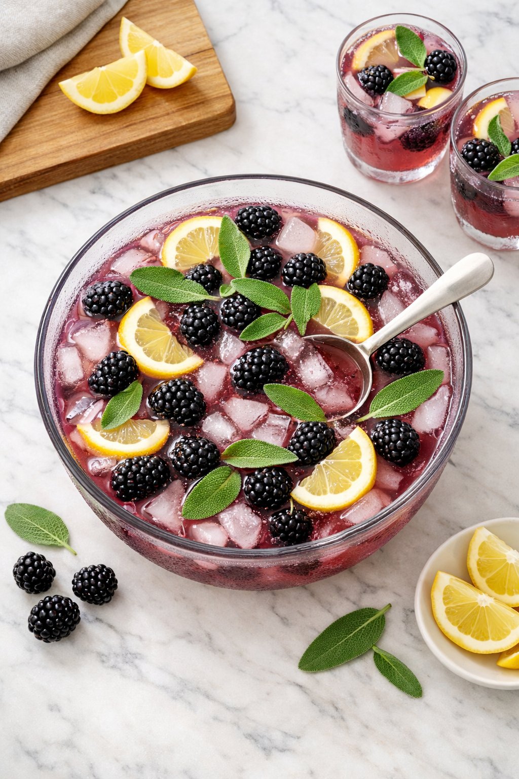 An overheard picture view of a plate of Blackberry Sage Lemonade Punch sitting on a marble countertop table in the kitchen, martha stewart food photography style.