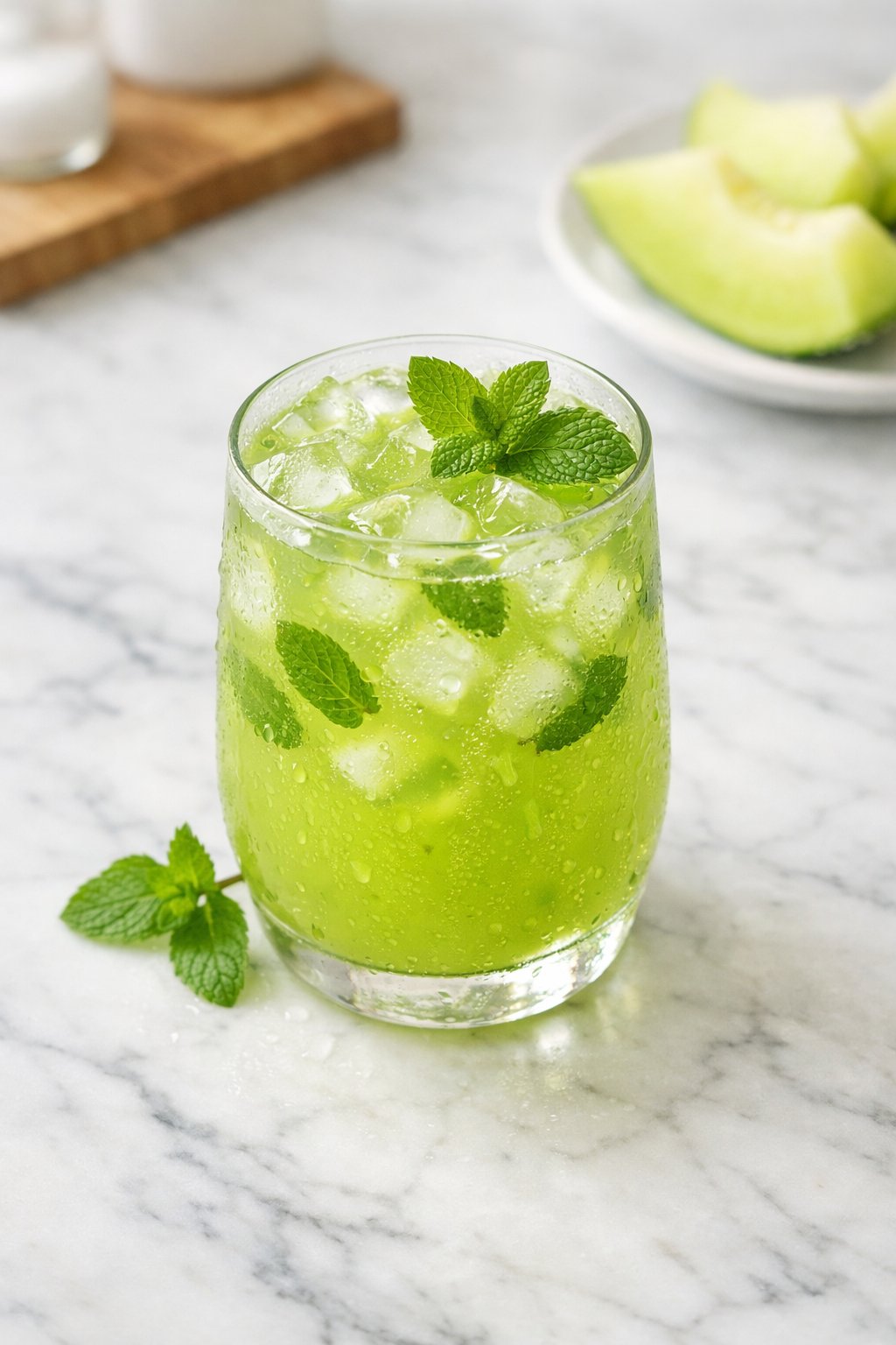 An overheard picture view of a plate of Honeydew Mint Cooler sitting on a marble countertop table in the kitchen, martha stewart food photography style.