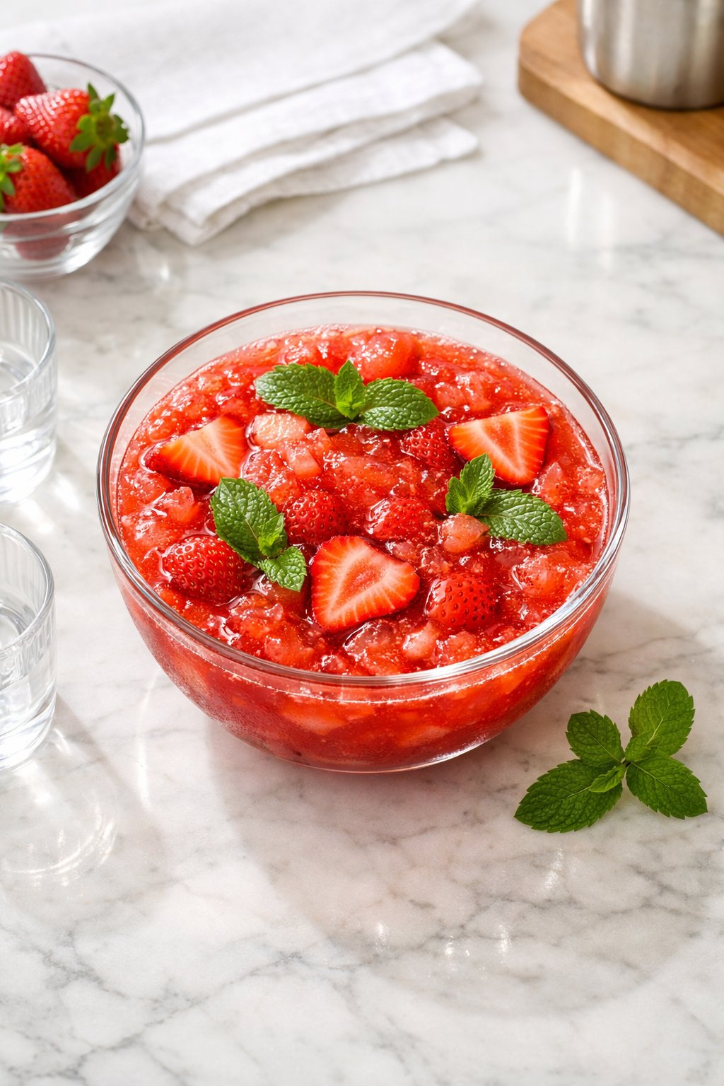 An overheard picture view of a plate of Virgin Strawberry Daiquiri Punch sitting on a marble countertop table in the kitchen, martha stewart food photography style.