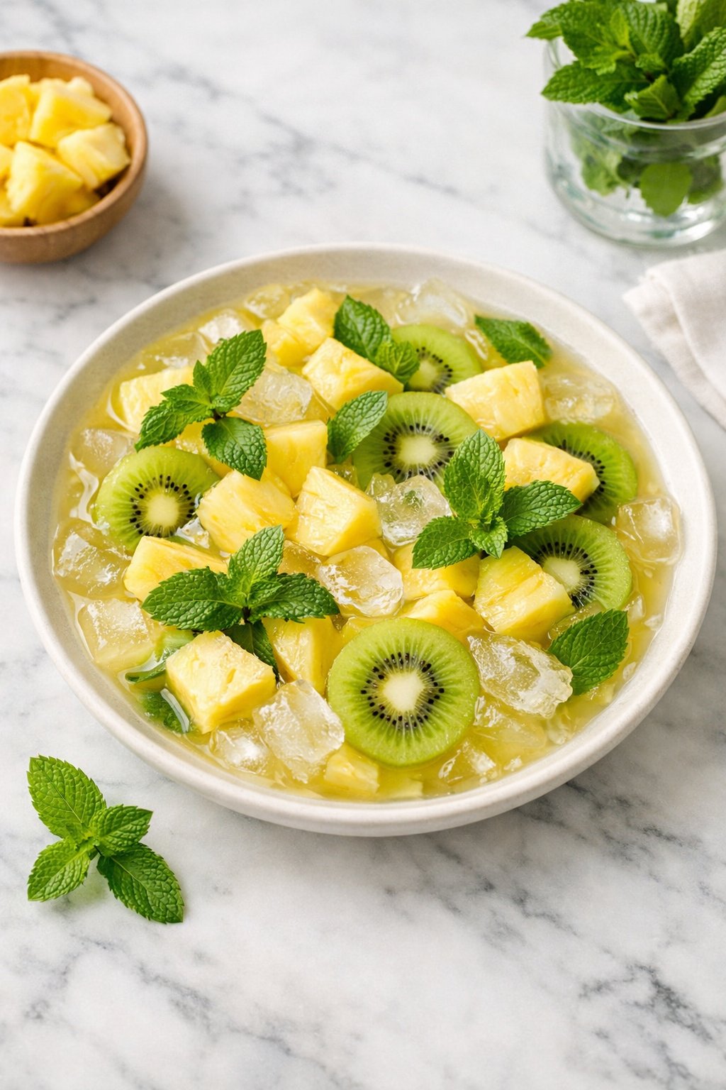 An overheard picture view of a plate of Pineapple Kiwi Mint Punch sitting on a marble countertop table in the kitchen, martha stewart food photography style.