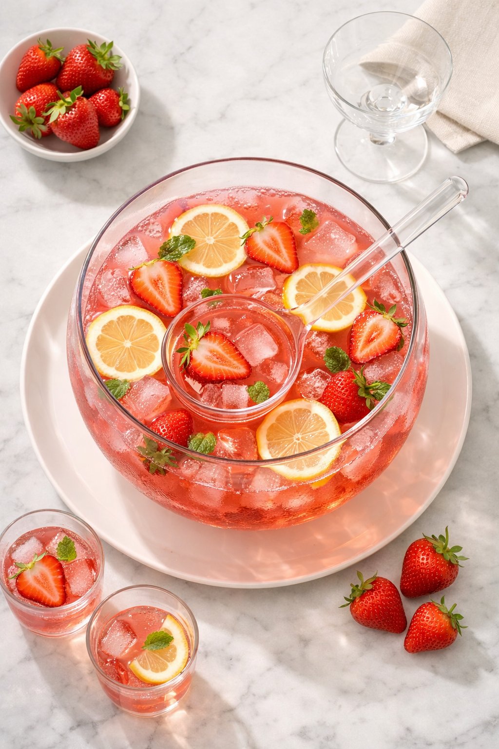 An overheard picture view of a plate of Non-Alcoholic Strawberry Rosé Punch sitting on a marble countertop table in the kitchen, martha stewart food photography style.