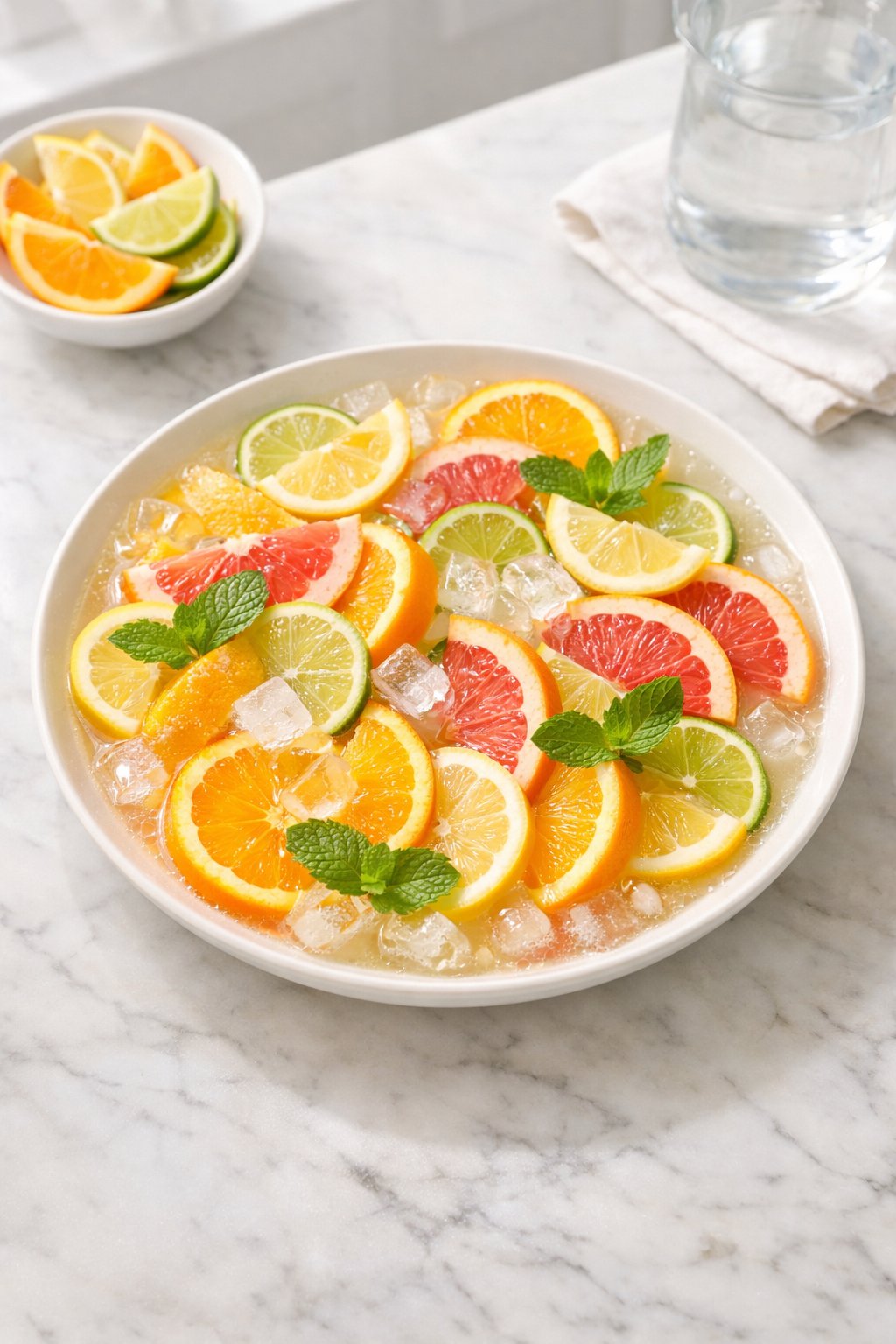 An overheard picture view of a plate of Springtime Citrus Punch sitting on a marble countertop table in the kitchen, martha stewart food photography style.