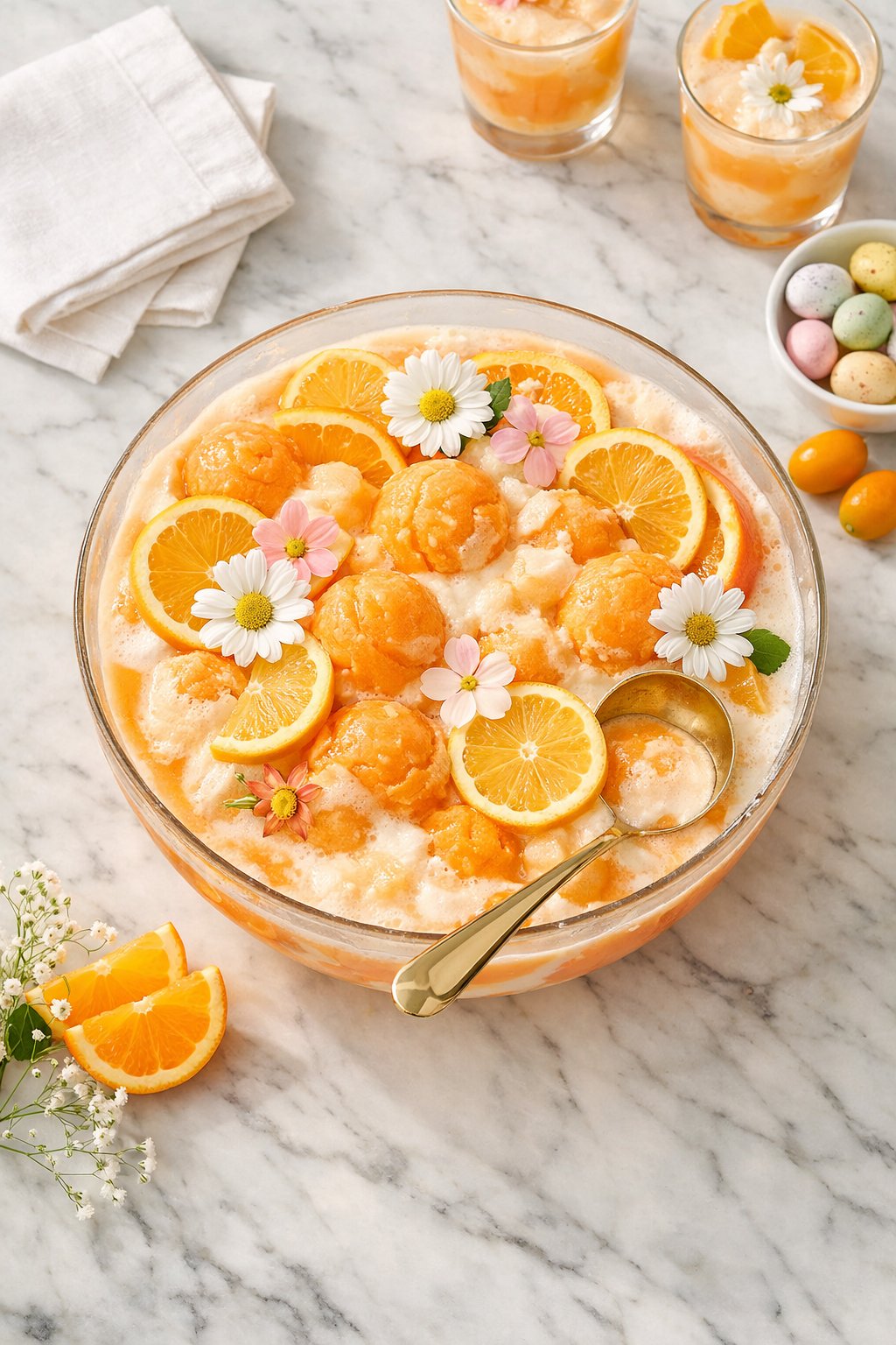 An overheard picture view of a plate of Creamsicle Easter Punch sitting on a marble countertop table in the kitchen, martha stewart food photography style.