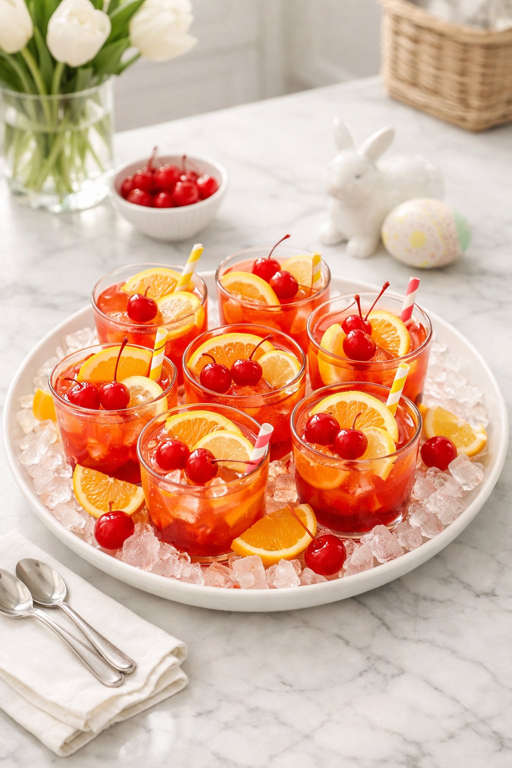An overheard picture view of a plate of Shirley Temple Easter Punch sitting on a marble countertop table in the kitchen, martha stewart food photography style.