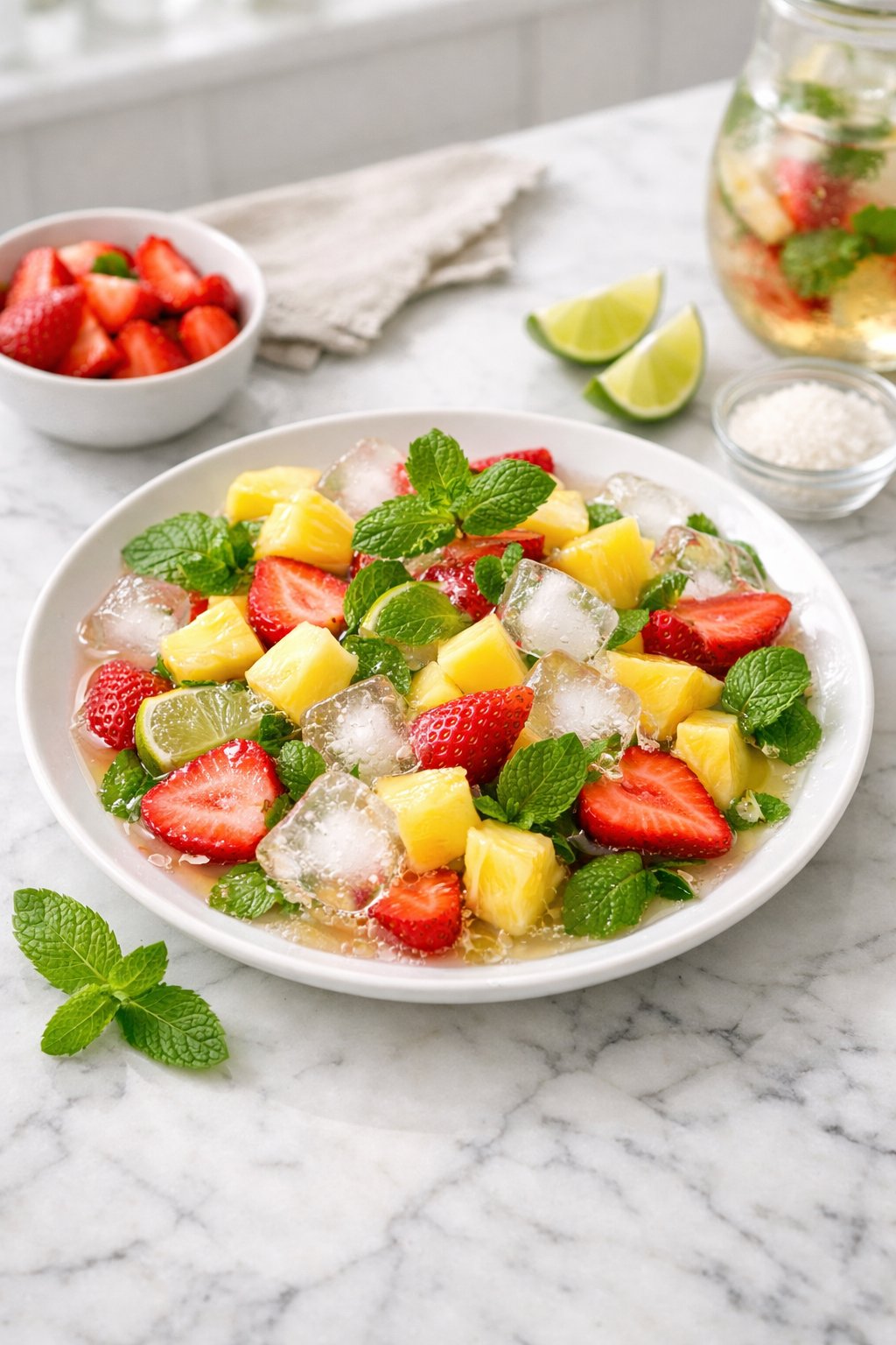 An overheard picture view of a plate of Virgin Pineapple Strawberry Mojito Punch sitting on a marble countertop table in the kitchen, martha stewart food photography style.