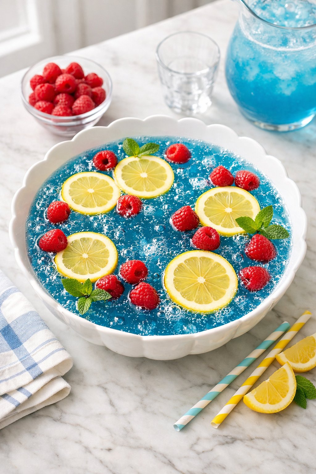An overheard picture view of a plate of Fizzy Blue Raspberry Lemonade Punch sitting on a marble countertop table in the kitchen, martha stewart food photography style.