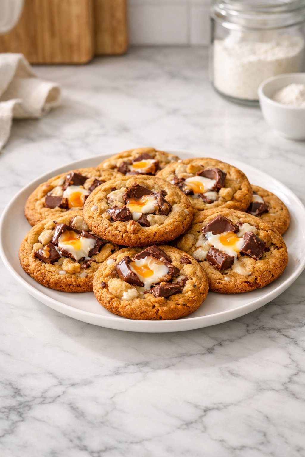 An overheard picture view of a plate of Cadbury Creme Egg Cookies sitting on a marble countertop table in the kitchen, martha stewart food photography style.
