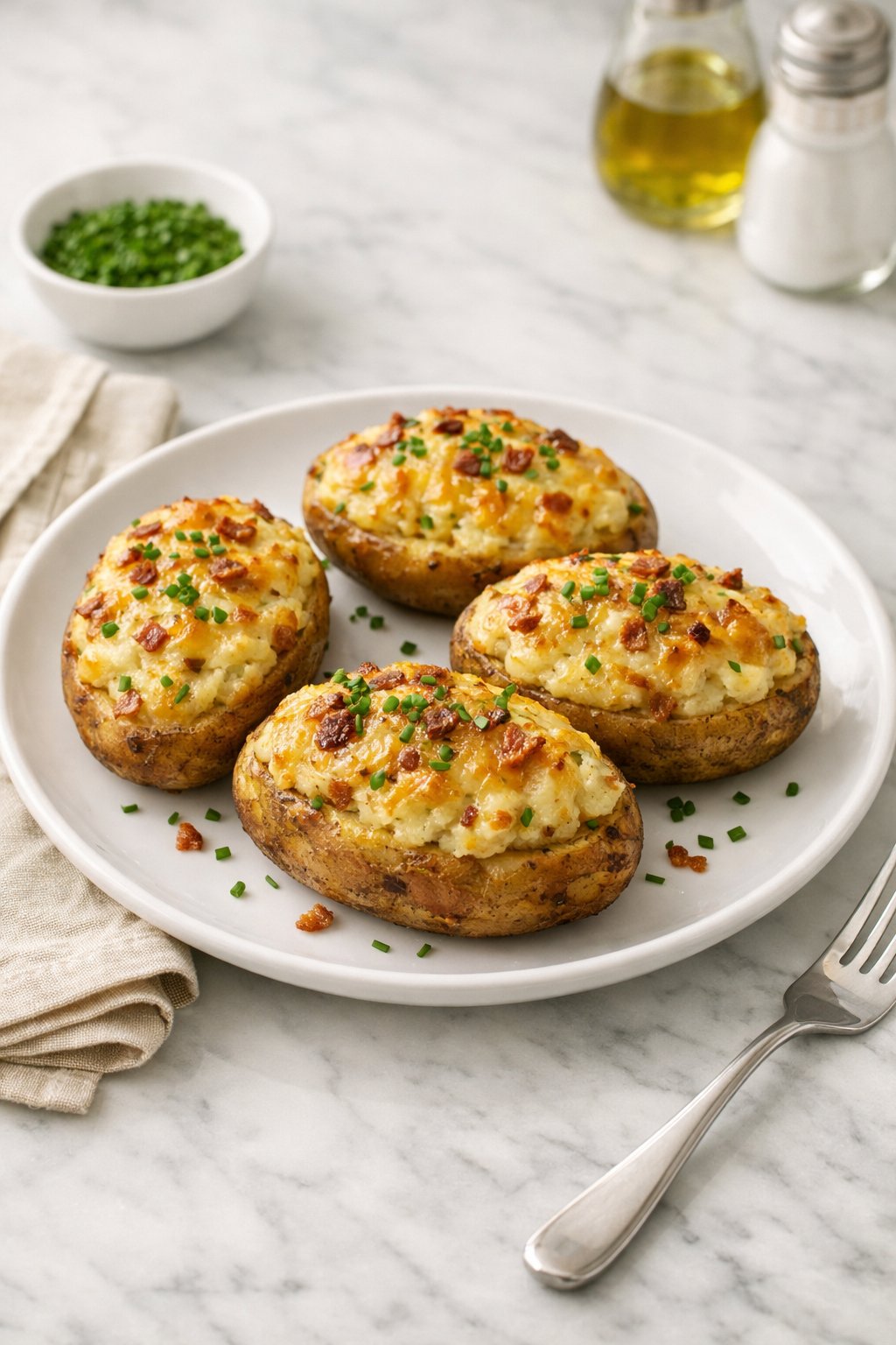 An overheard picture view of a plate of Twice-Baked Potatoes sitting on a marble countertop table in the kitchen, martha stewart food photography style.