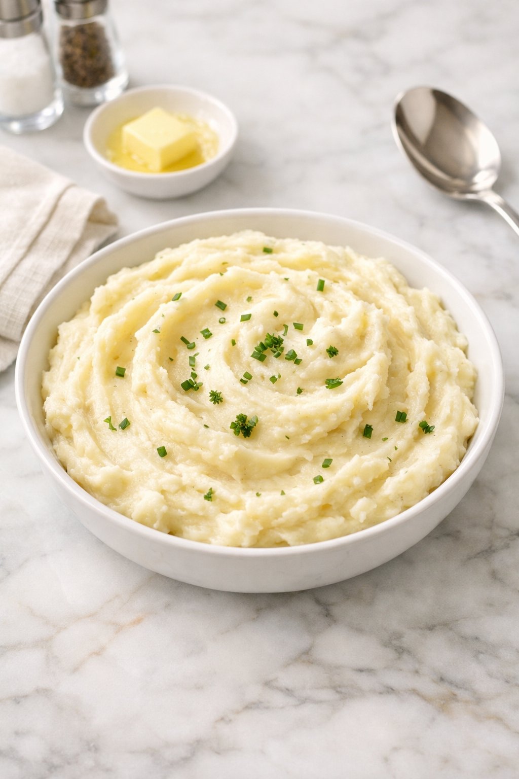 An overheard picture view of a plate of Ina Garten's Make-Ahead Mashed Potatoes sitting on a marble countertop table in the kitchen, martha stewart food photography style.