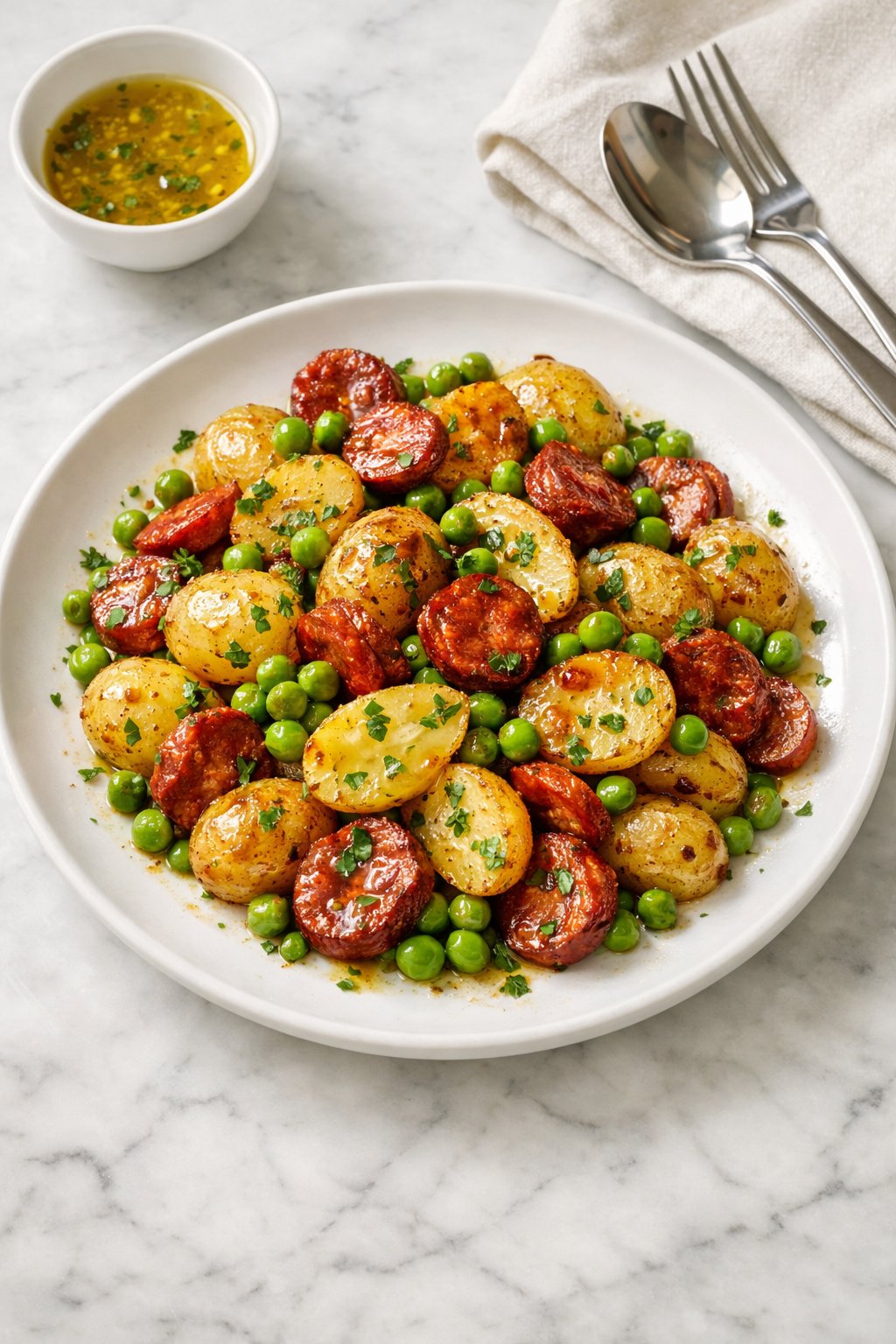 An overheard picture view of a plate of Warm Potato, Pea, and Chorizo Salad sitting on a marble countertop table in the kitchen, martha stewart food photography style.