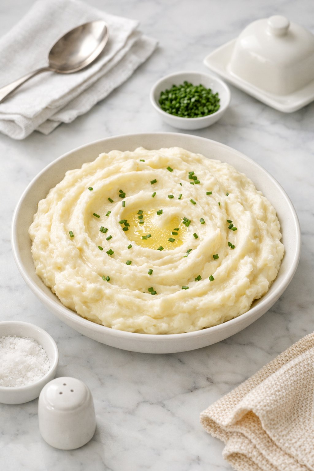 An overheard picture view of a plate of Make-Ahead Cream Cheese Mashed Potatoes sitting on a marble countertop table in the kitchen, martha stewart food photography style.