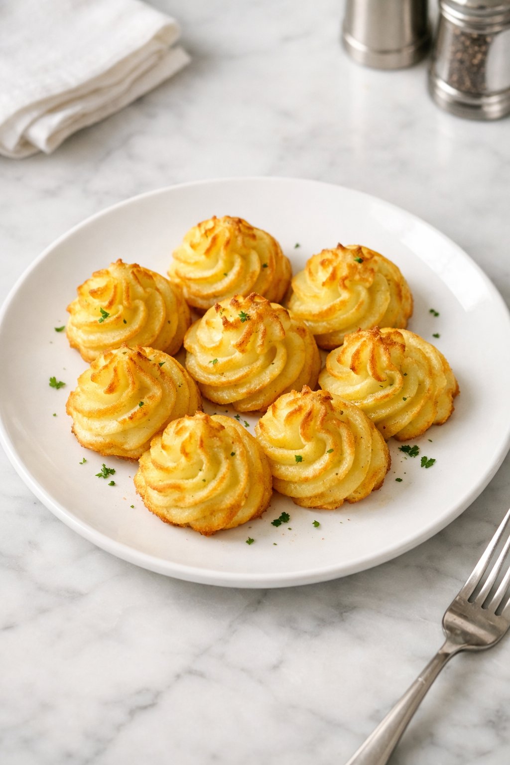 An overheard picture view of a plate of Duchess Potatoes sitting on a marble countertop table in the kitchen, martha stewart food photography style.