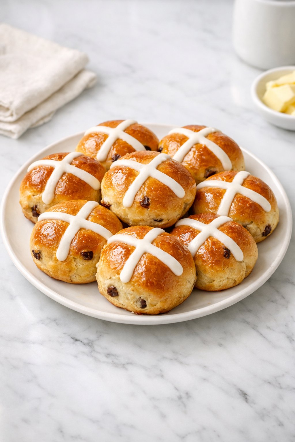 An overheard picture view of a plate of Hot Cross Buns sitting on a marble countertop table in the kitchen, martha stewart food photography style.